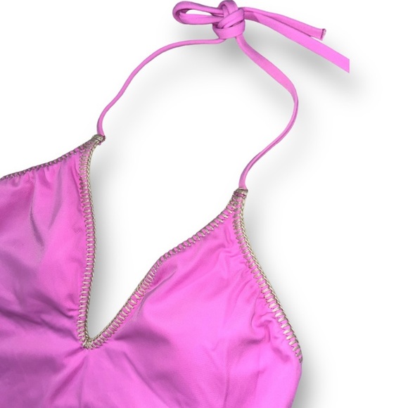 VICTORIAS SECRET Hot Pink Halter One Piece Exposed Stitch Plunge V-Neck S - Picture 3 of 5